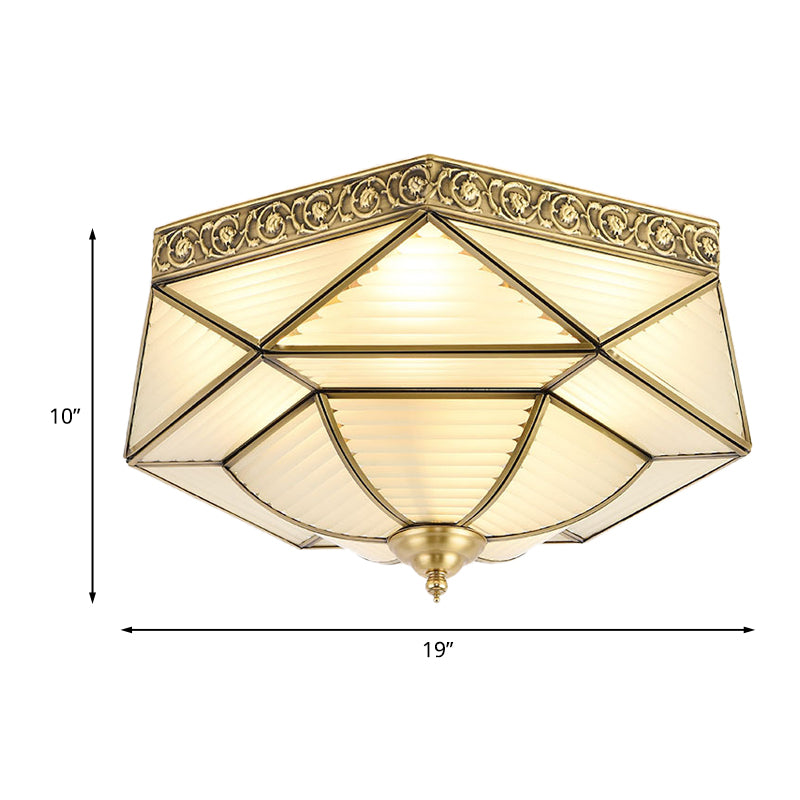 4 Lights Ceiling Mounted Fixture Colonial Prismatic Frosted Ribbed Glass Flushmount in Gold