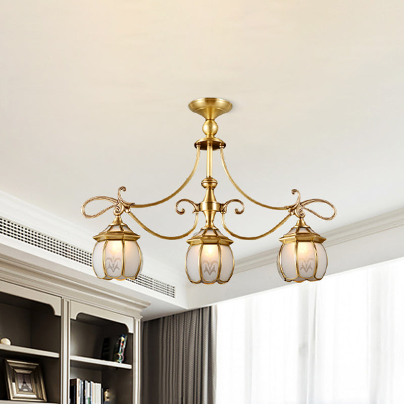 Colonialist Lantern Island Light Fixture 3-Light Ivory Glass Suspension Pendant in Gold for Dining Room