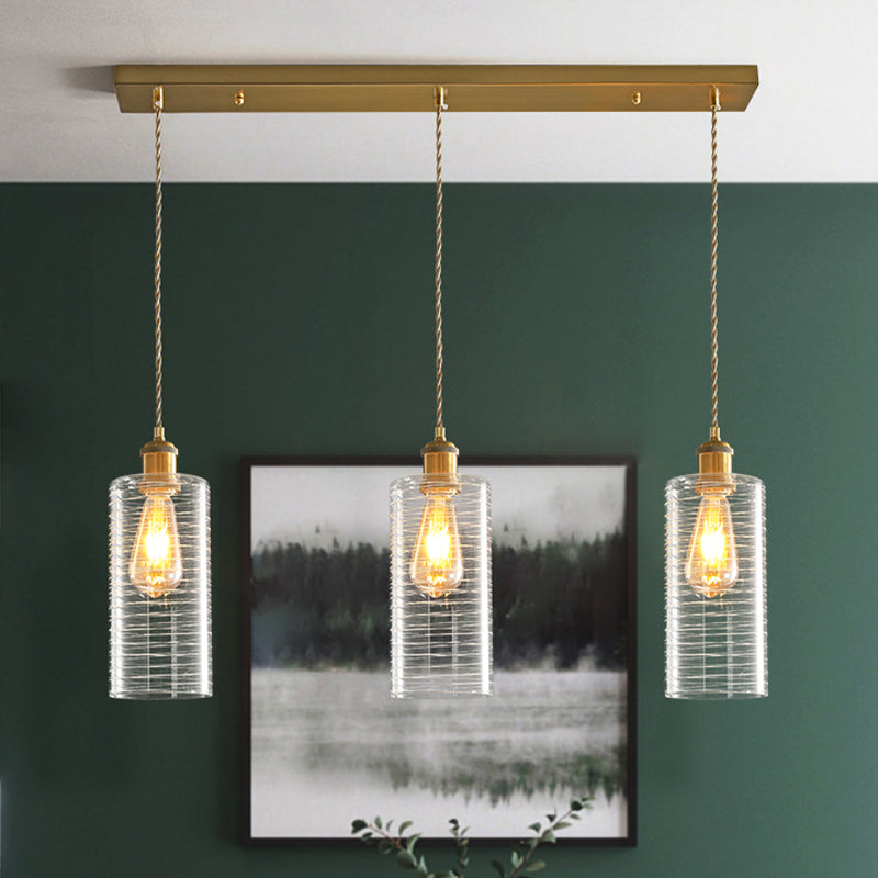 Colonialist Tube Multi Light Pendant 3 Bulbs Clear Glass Hanging Lamp with Round/Linear Canopy for Restaurant
