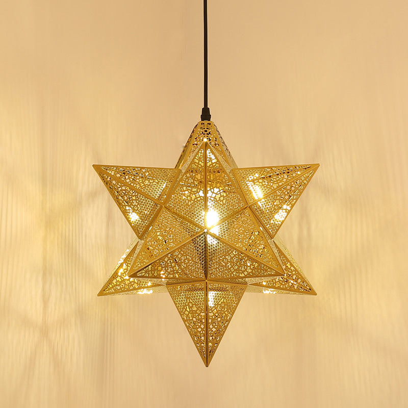 Cutout Star Restaurant Pendant Light Colonial Stainless Steel 1-Bulb Gold Suspension Lighting, 14"/18" Wide