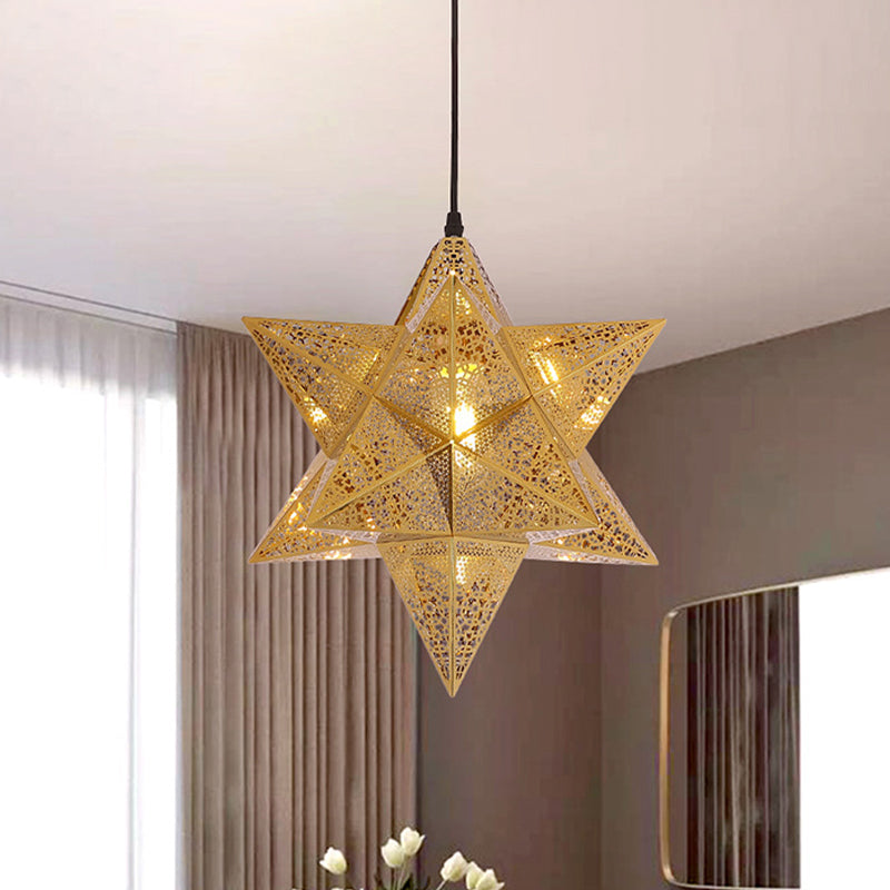 Cutout Star Restaurant Pendant Light Colonial Stainless Steel 1-Bulb Gold Suspension Lighting, 14"/18" Wide