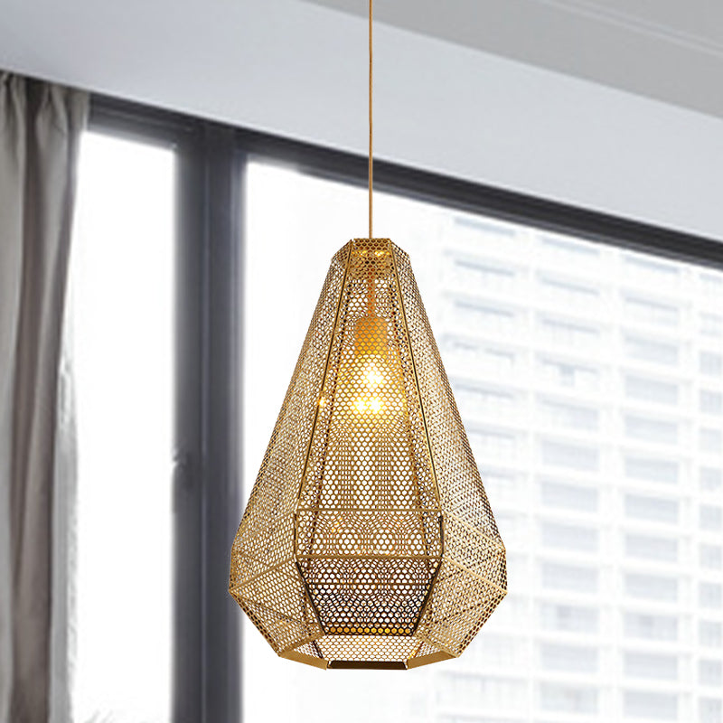 Colonial Cutout Diamond Suspension Light 1-Bulb Stainless Steel Down Lighting Pendant in Gold