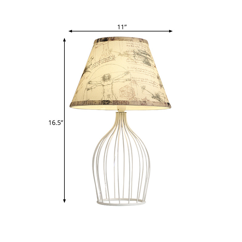 Table de nuit effilée blanche lumière tissu traditionnel 1 tête de salon lampe de bureau avec base de cage métallique