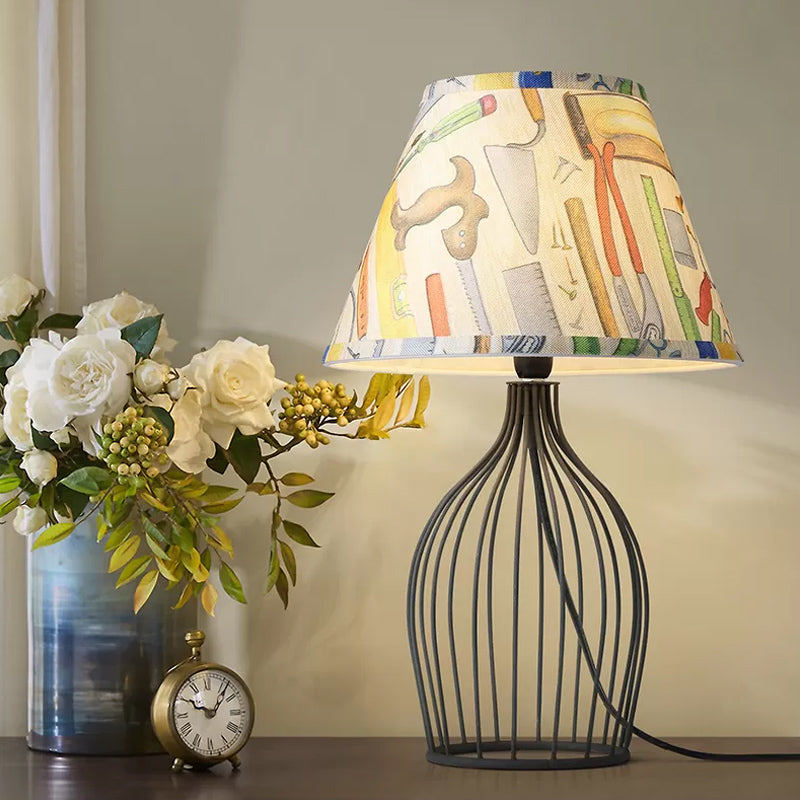 1 Head Barrel Night Table Lamp Traditional Black Nightstand Lighting with Metal Wire Cage Base