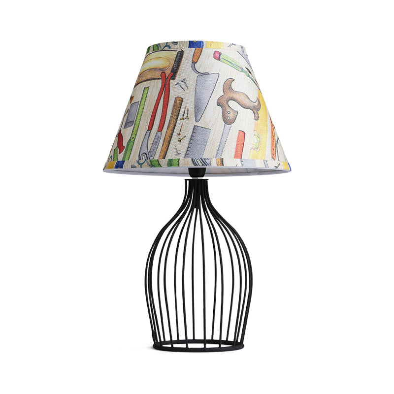 1 Head Barrel Night Table Lamp Traditional Black Nightstand Lighting with Metal Wire Cage Base