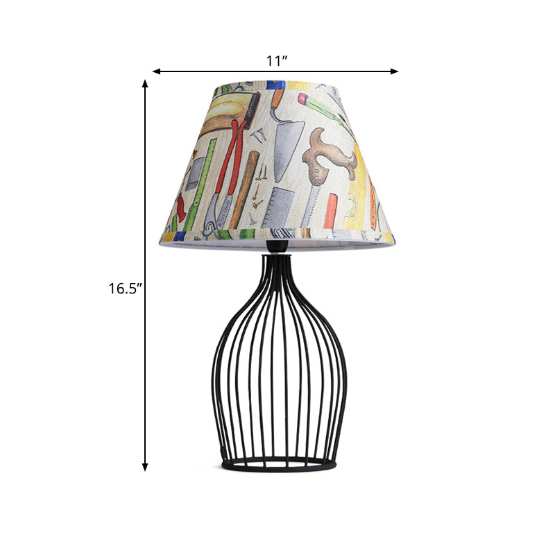 1 Head Barrel Night Table Lamp Traditional Black Nightstand Lighting with Metal Wire Cage Base