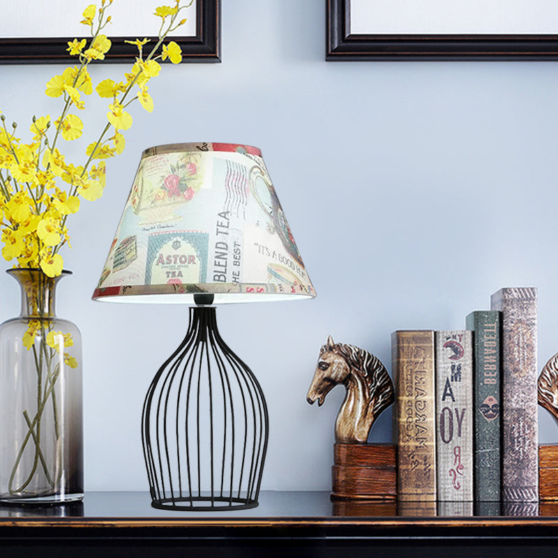 1 Head Barrel Night Table Lamp Traditional Black Nightstand Lighting with Metal Wire Cage Base