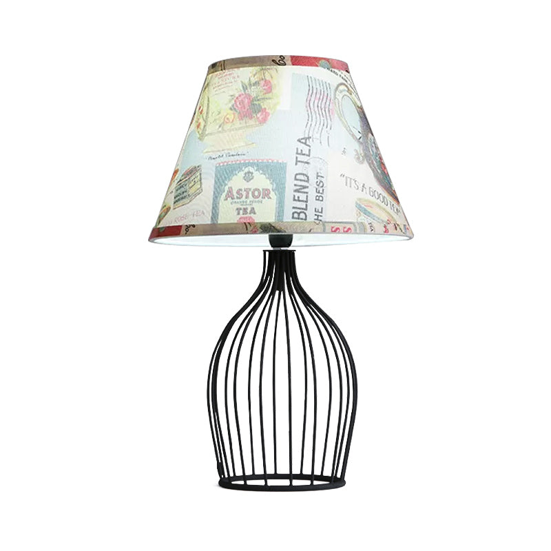 1 Head Barrel Night Table Lamp Traditional Black Nightstand Lighting with Metal Wire Cage Base