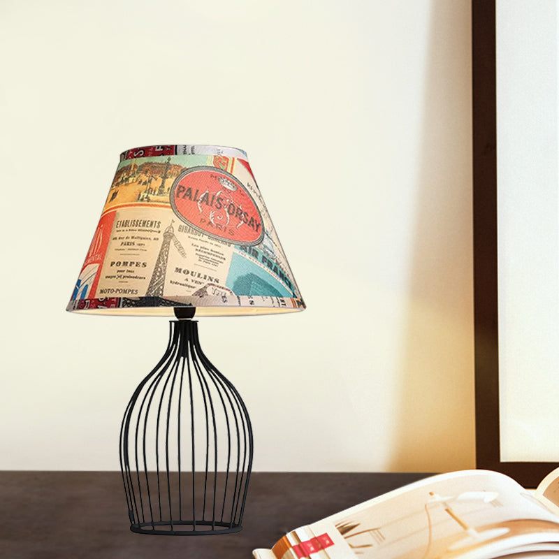 1 Head Barrel Night Table Lamp Traditional Black Nightstand Lighting with Metal Wire Cage Base
