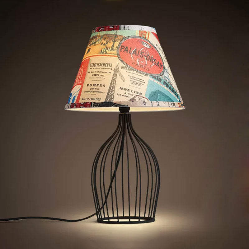 1 Head Barrel Night Table Lamp Traditional Black Nightstand Lighting with Metal Wire Cage Base