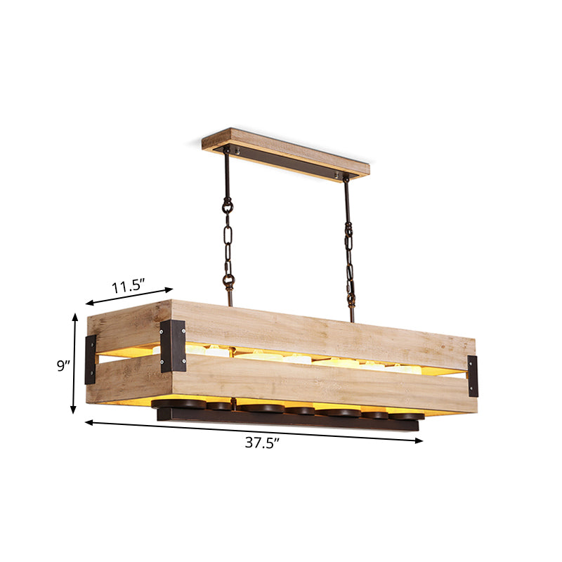 Rectangular Wooden Island Pendant Light Rustic 7 Lights Dining Room Hanging Lamp in Brown