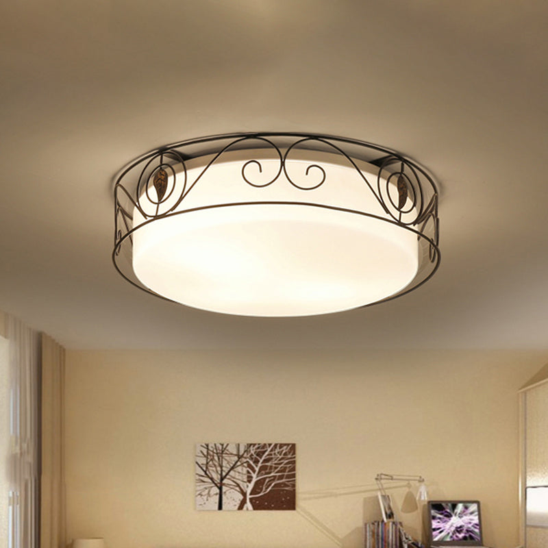 4-Heads Flushmount Lighting Antique Circular White Glass Flush Mount Light with Metal Wire Cage