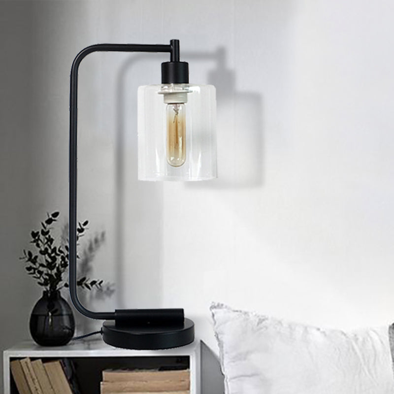 Industrial Cylindrical Night Table Lighting 1-Head Clear Glass Nightstand Light in Black for Bedroom