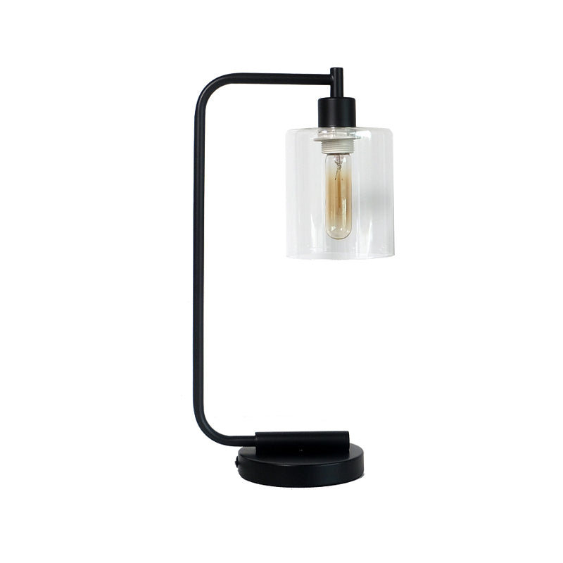 Industrial Cylindrical Night Table Lighting 1-Head Clear Glass Nightstand Light in Black for Bedroom