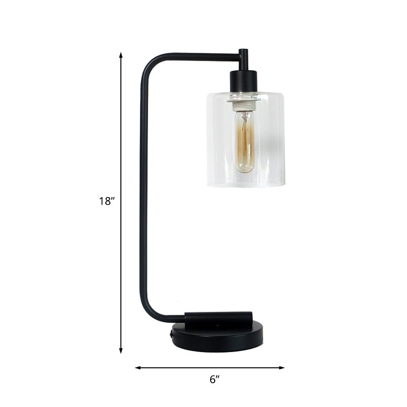Industrial Cylindrical Night Table Lighting 1-Head Clear Glass Nightstand Light in Black for Bedroom