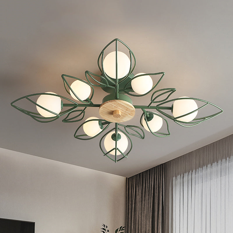 Pétalos de alambre verde Candelera Nordic Nordic 8 luces Metálico Semi Flush Techo de techo con sombra de vidrio orbe