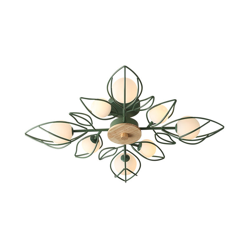 Pétalos de alambre verde Candelera Nordic Nordic 8 luces Metálico Semi Flush Techo de techo con sombra de vidrio orbe