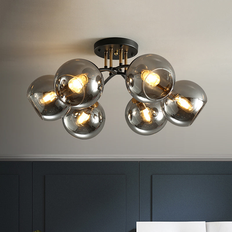 6 Heads Hotel Semi Flush Mount Vintage Black Ceiling Lighting with Orb Smoke/Clear Glass Shade