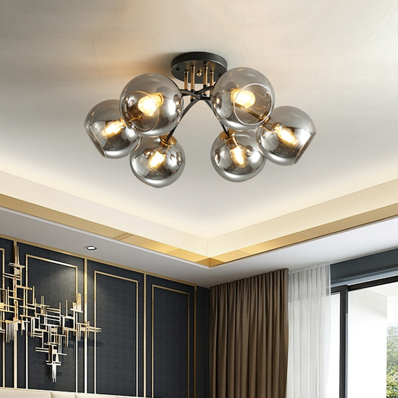 6 Heads Hotel Semi Flush Mount Vintage Black Ceiling Lighting with Orb Smoke/Clear Glass Shade