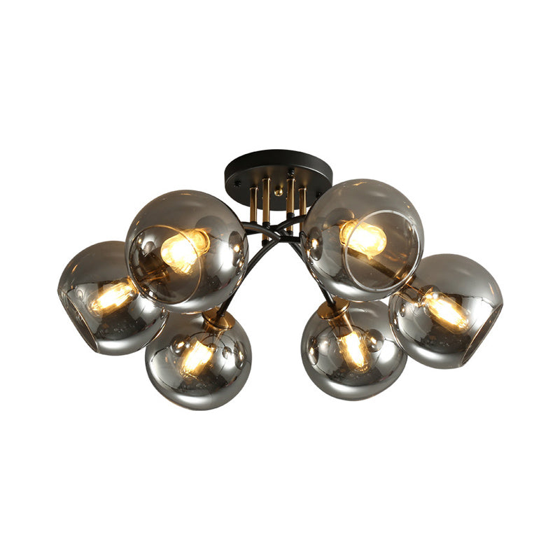 6 Heads Hotel Semi Flush Mount Vintage Black Ceiling Lighting with Orb Smoke/Clear Glass Shade