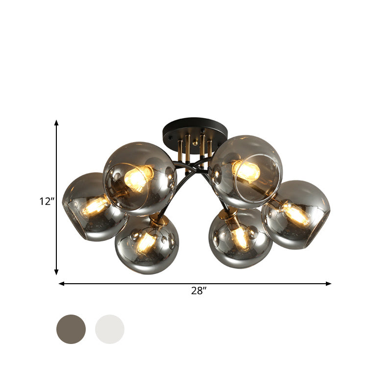 6 Heads Hotel Semi Flush Mount Vintage Black Ceiling Lighting with Orb Smoke/Clear Glass Shade