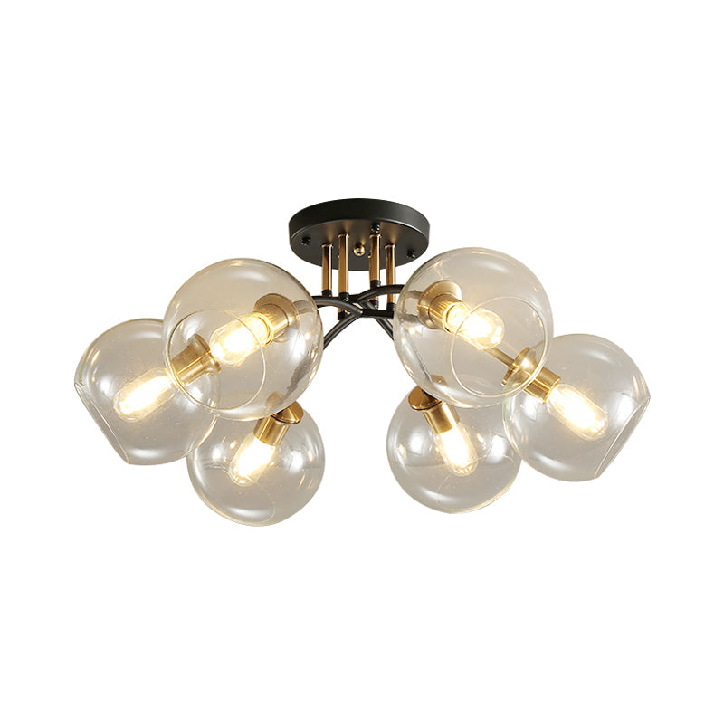 6 Heads Hotel Semi Flush Mount Vintage Black Ceiling Lighting with Orb Smoke/Clear Glass Shade