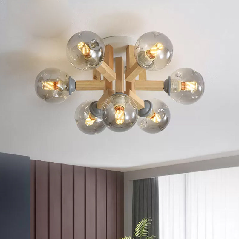 Postmoderne Starburst Semi Mount Lighting Holz 7-Licht Schlafzimmer Spülendedecke mit kugelfeiner grauer Glasschatten