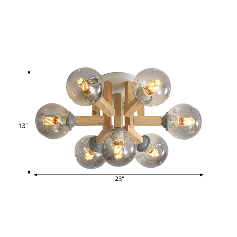 Postmoderne Starburst Semi Mount Lighting Holz 7-Licht Schlafzimmer Spülendedecke mit kugelfeiner grauer Glasschatten