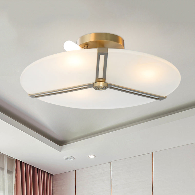 Retro Plate Frosted Glass Semi Flush 3 Bulbs Ceiling Mount Chandelier with Brass Band