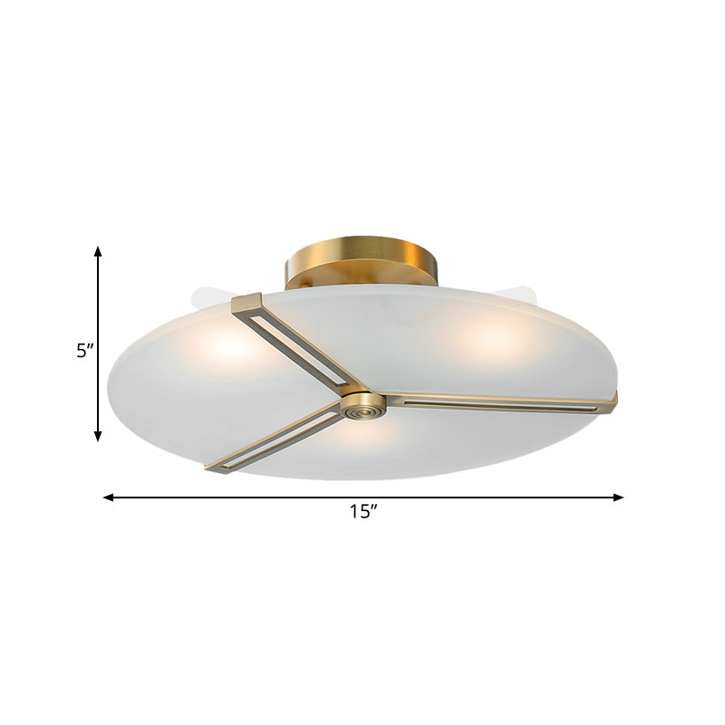 Retro Plate Frosted Glass Semi Flush 3 Bulbs Ceiling Mount Chandelier with Brass Band