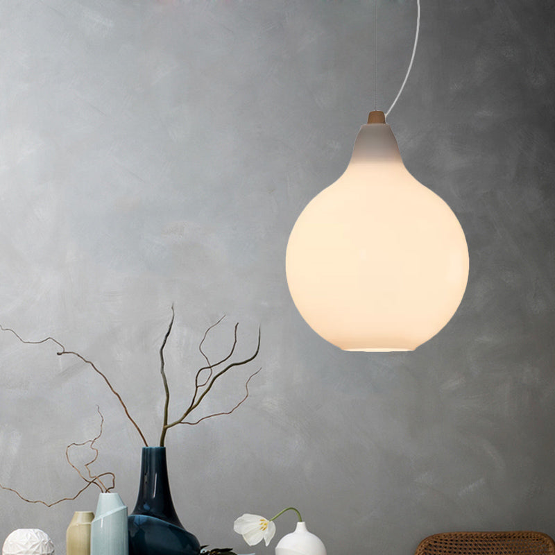 Bellied Dinette Suspension Light Frosted White Glass 1 Head Simplicity Ceiling Pendant with Wood Top