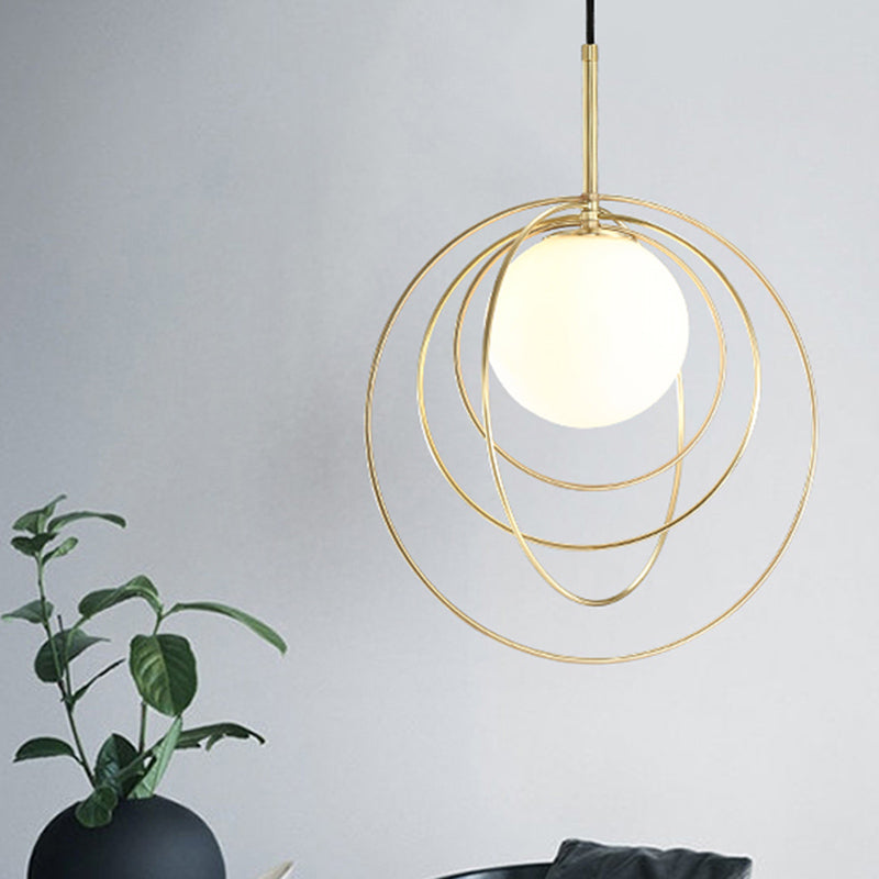 Moveable Wire Cage Pendulum Light Simple Novelty Metal 1 Bulb Gold Hanging Pendant with Ball Opal Glass Shade