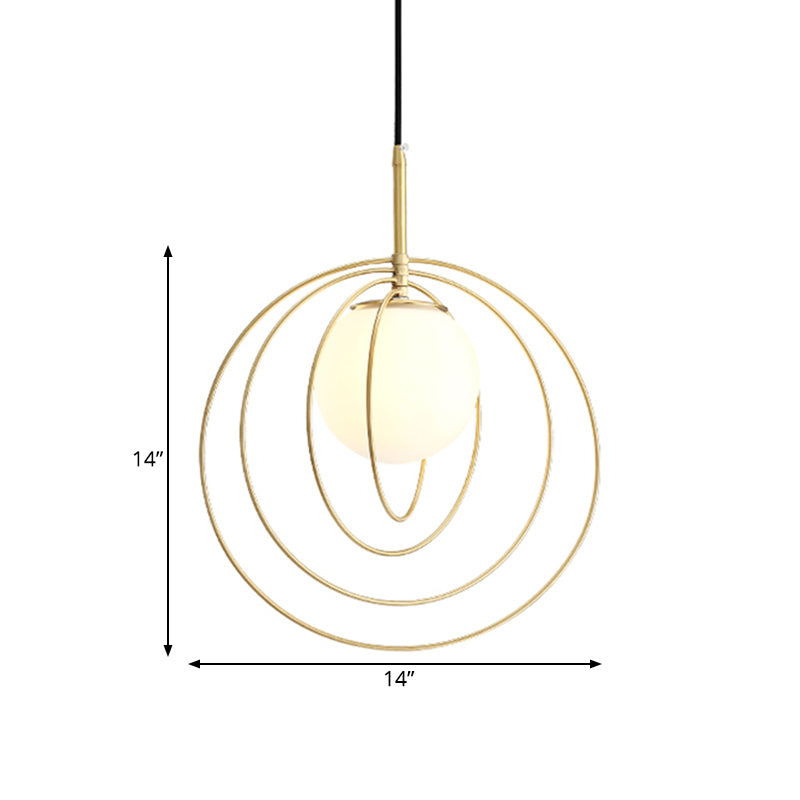 Moveable Wire Cage Pendulum Light Simple Novelty Metal 1 Bulb Gold Hanging Pendant with Ball Opal Glass Shade