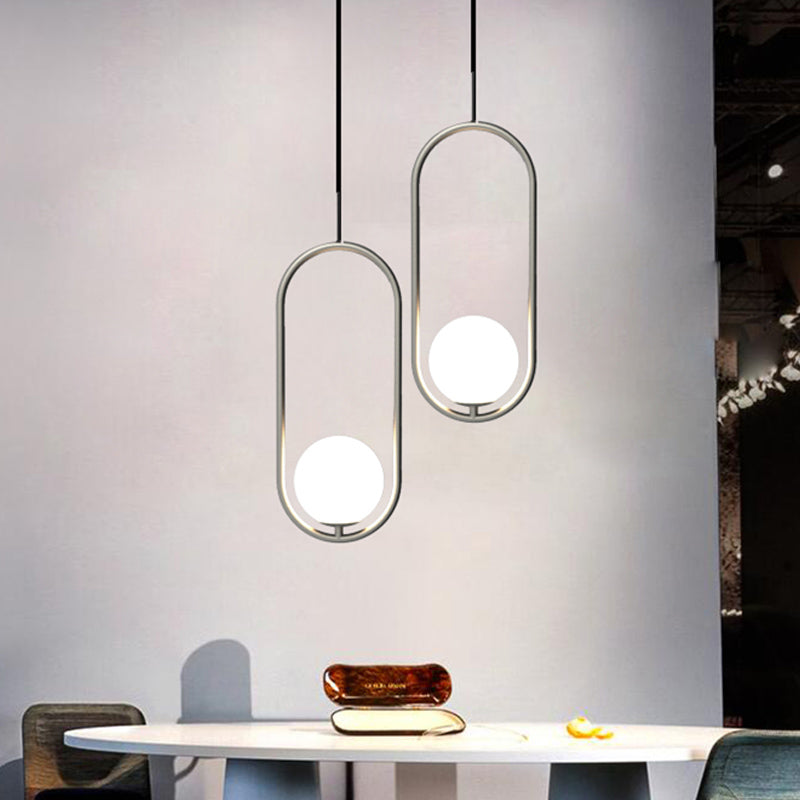 Chrome Oblong Suspension Pendant Minimalism 1-Light Iron Hanging Light with Orb White Glass Shade