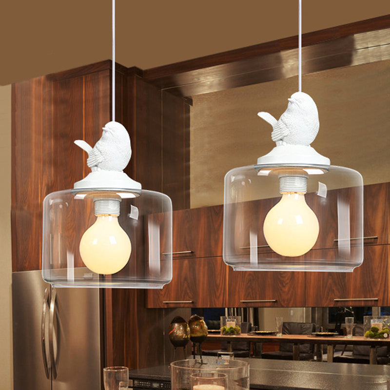 Drum Shaped Dinette Pendant Lamp Clear Glass 1 Bulb Modern Hanging Lamp Kit with White Bird Top