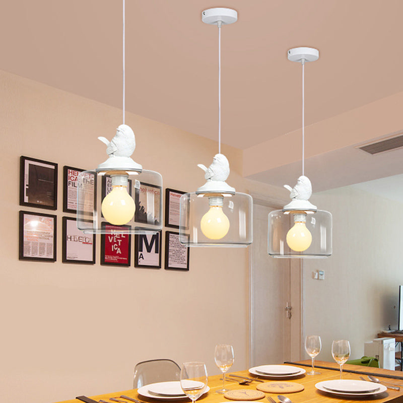 Drum Shaped Dinette Pendant Lamp Clear Glass 1 Bulb Modern Hanging Lamp Kit with White Bird Top