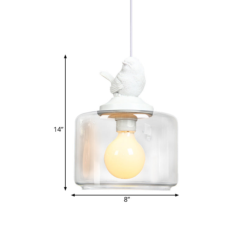 Drum Shaped Dinette Pendant Lamp Clear Glass 1 Bulb Modern Hanging Lamp Kit with White Bird Top