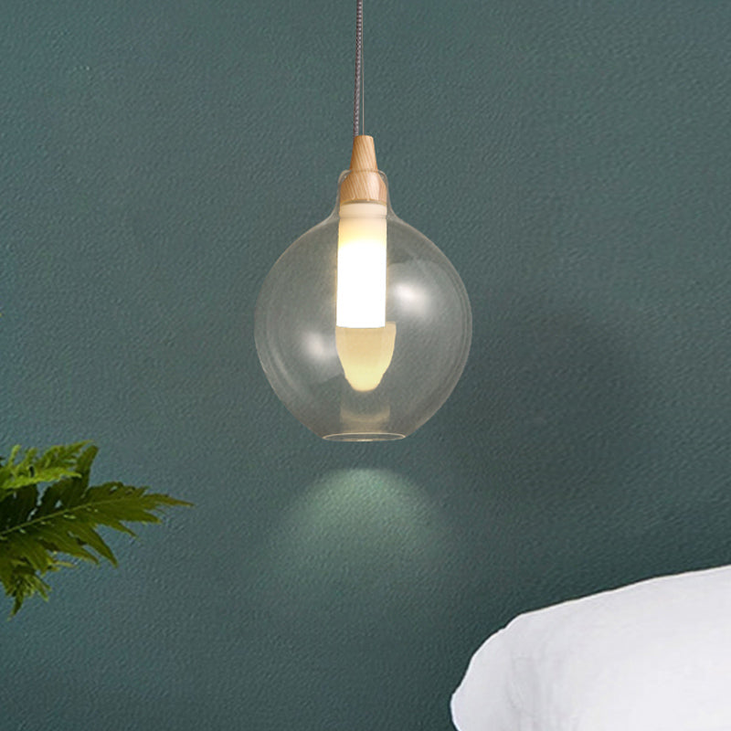 Clear Glass Dual Shade Globe Drop Pendant Simplicity 1-Light Hanging Ceiling Light with Wood Seal