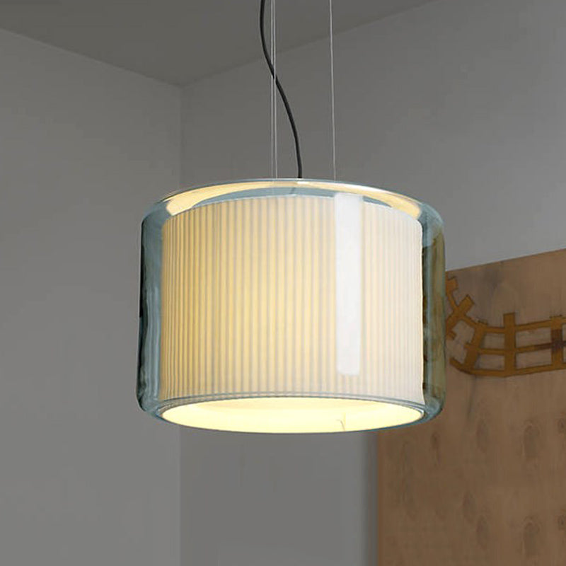 Gathered Fabric Drum Pendant Lamp Modern 1 Light Beige Pendulum Light with Exterior Transparent Glass Shade