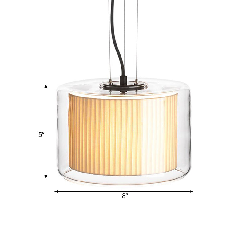 Gathered Fabric Drum Pendant Lamp Modern 1 Light Beige Pendulum Light with Exterior Transparent Glass Shade