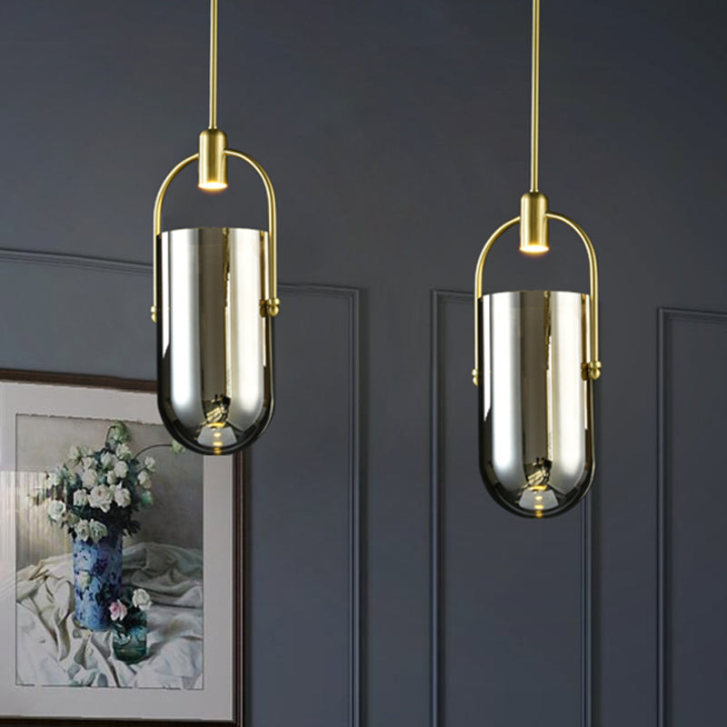 Omgekeerde langwerpige koepel hanger lamp retro nieuwigheid rook grijs glazen glazen messing led hangend licht met handvat