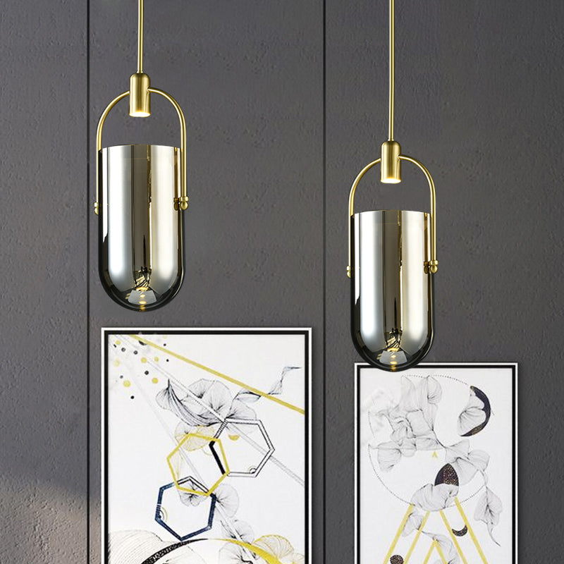 Omgekeerde langwerpige koepel hanger lamp retro nieuwigheid rook grijs glazen glazen messing led hangend licht met handvat