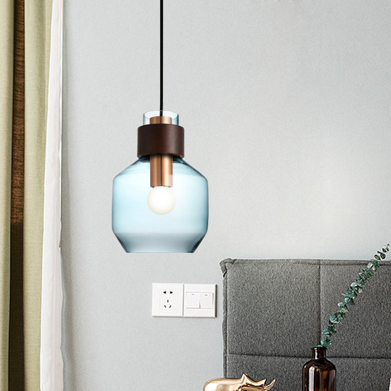 Blue Glass Bottle Pendulum Light Retro Style Single Hanging Pendant Light with Wood Ring Lock