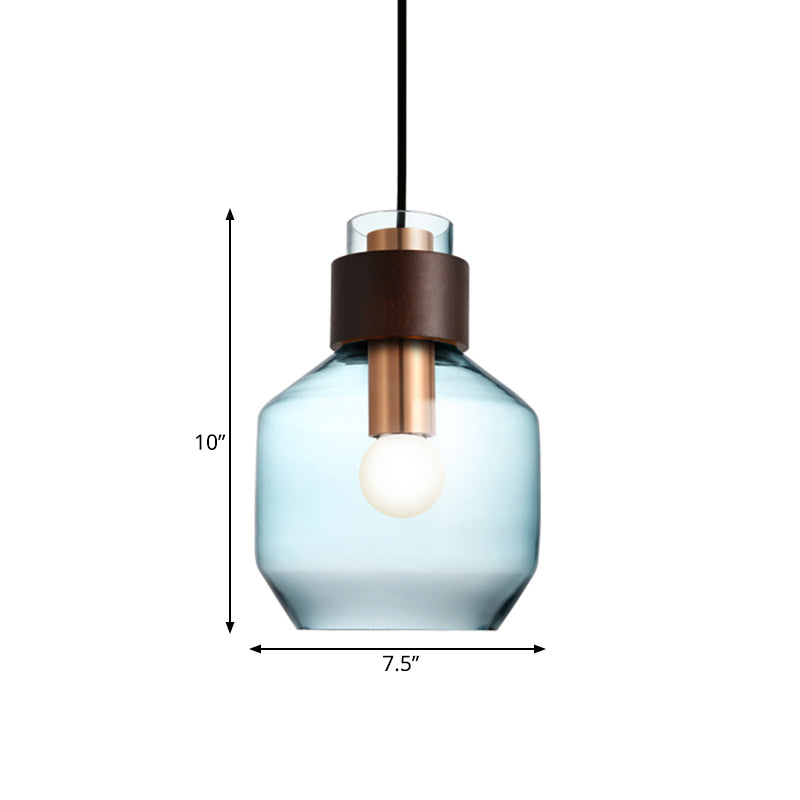 Blue Glass Bottle Pendulum Light Retro Style Single Hanging Pendant Light with Wood Ring Lock