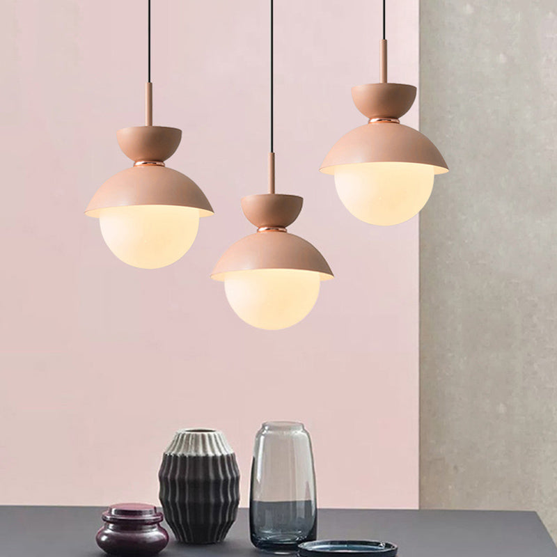 Pink Bowl Pendant Lighting Macaron 1 Light Iron Hanging Lamp Kit with Frosted Glass Diffuser