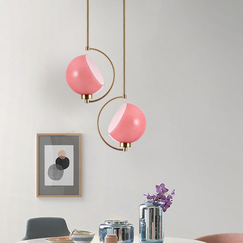 Kit di luce sospesa emisferica Macaron Rosa a mano in vetro a testa 1 ciondolo per caduta con braccio curvo