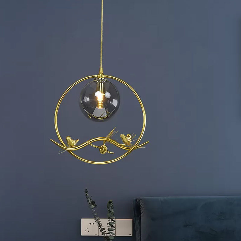 Brass Ring Hanging Pendant Mid-Century Single Bulb Metal Ceiling Lamp with Amber/Smoke Grey Glass Shade and Bird Deco