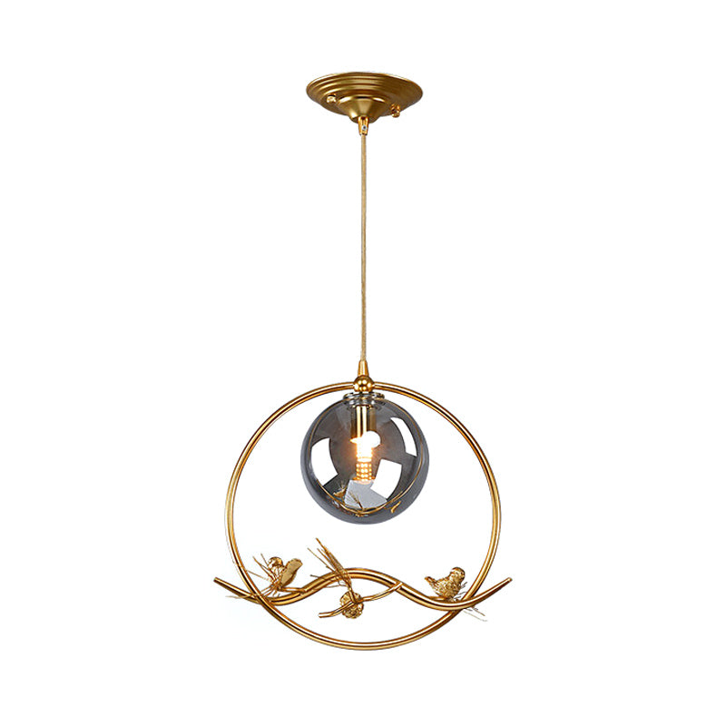 Brass Ring Hanging Pendant Mid-Century Single Bulb Metal Ceiling Lamp with Amber/Smoke Grey Glass Shade and Bird Deco