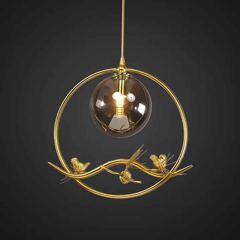 Brass Ring Hanging Pendant Mid-Century Single Bulb Metal Ceiling Lamp with Amber/Smoke Grey Glass Shade and Bird Deco