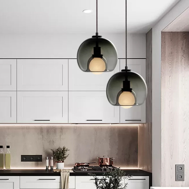 Minimalist Dual Hemisphere Drop Pendant Smoke/Cognac Glass 1 Light Dining Table Ceiling Suspension Lamp